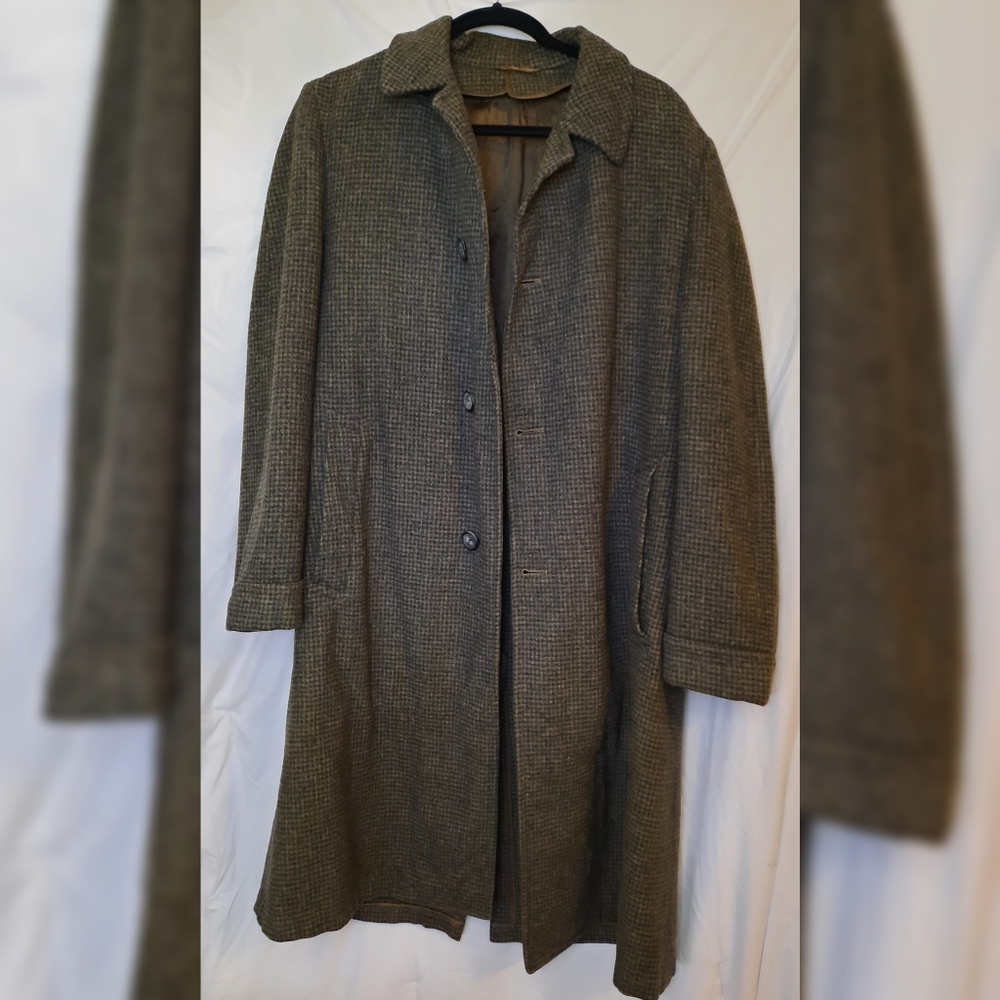 Women's Long Houndstooth Trench Coat - Olive Brown Gatsby Cottage